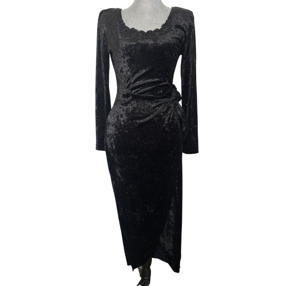 Vtg 90's All That Jazz Black Crushed Velvet Long Sleeve Dress S Whimsigoth Vampy